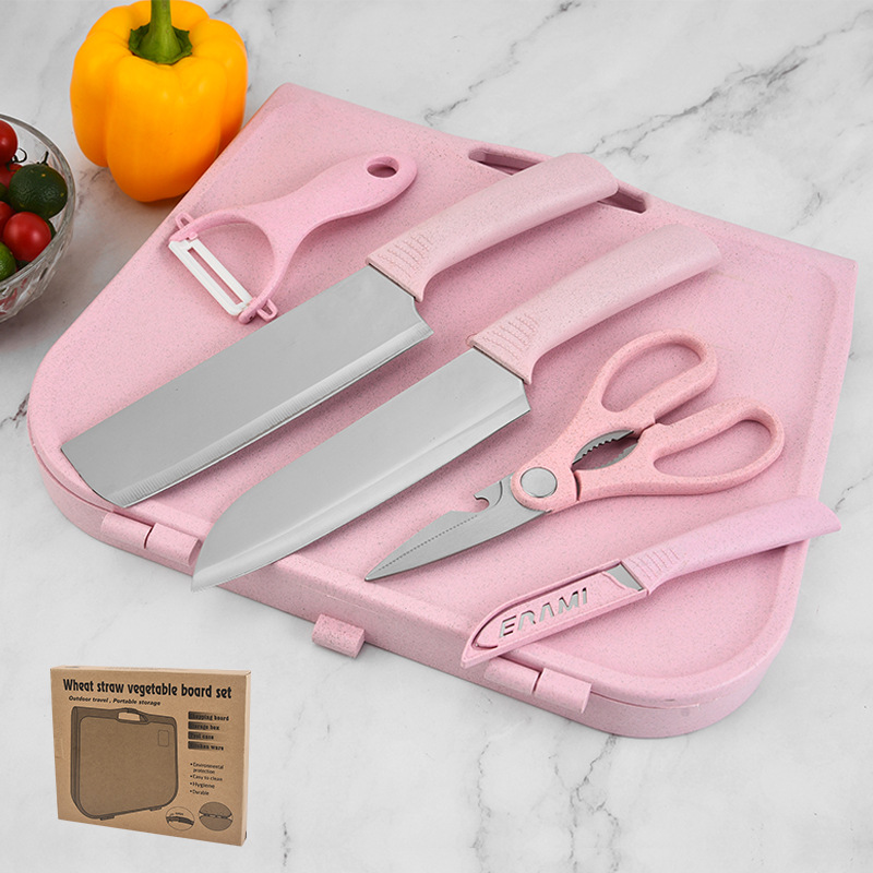 Wheat Straw Suitcase With Cutting Board Knife Six-piece Set Kitchen Knife Chef Knife Fruit Knife Portable Storage