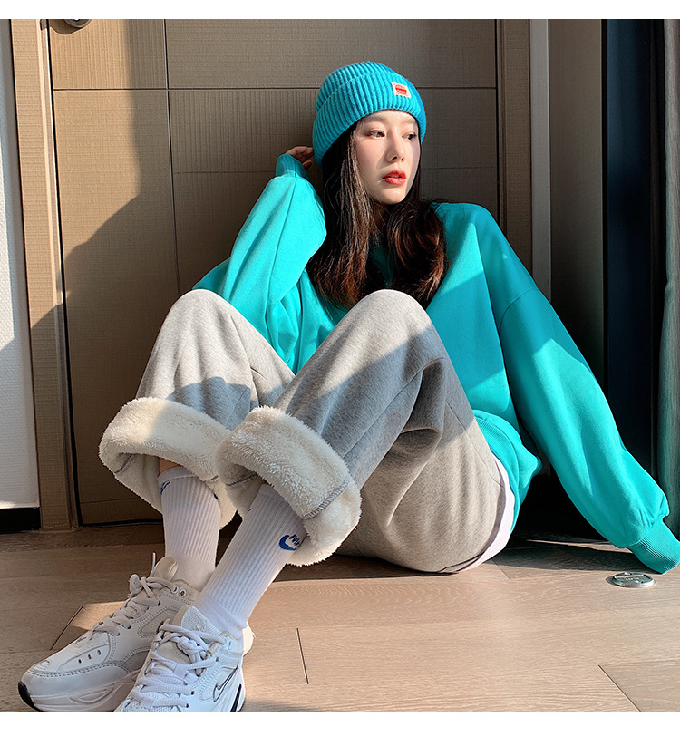 Super thick lambskin wide-leg pants, grey outerwear, thickened winter sports pants, drawstring cuffs, fleece sweatpants for women pic 18