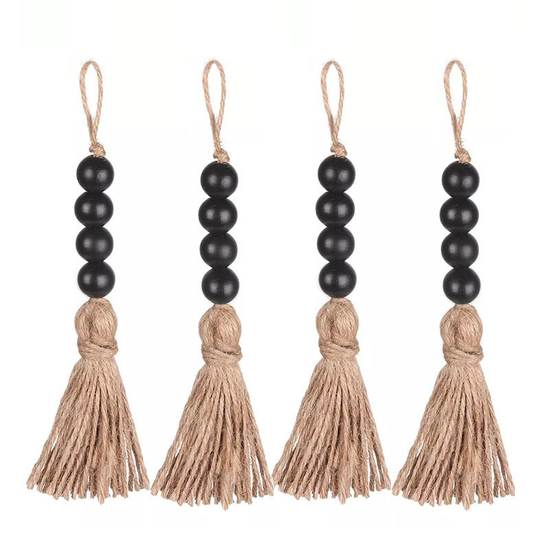 Jute Tassel Wooden Bead Pendant Closet Door Handle Backpack Accessories Christmas Tree Thanksgiving Wedding Party Decorations