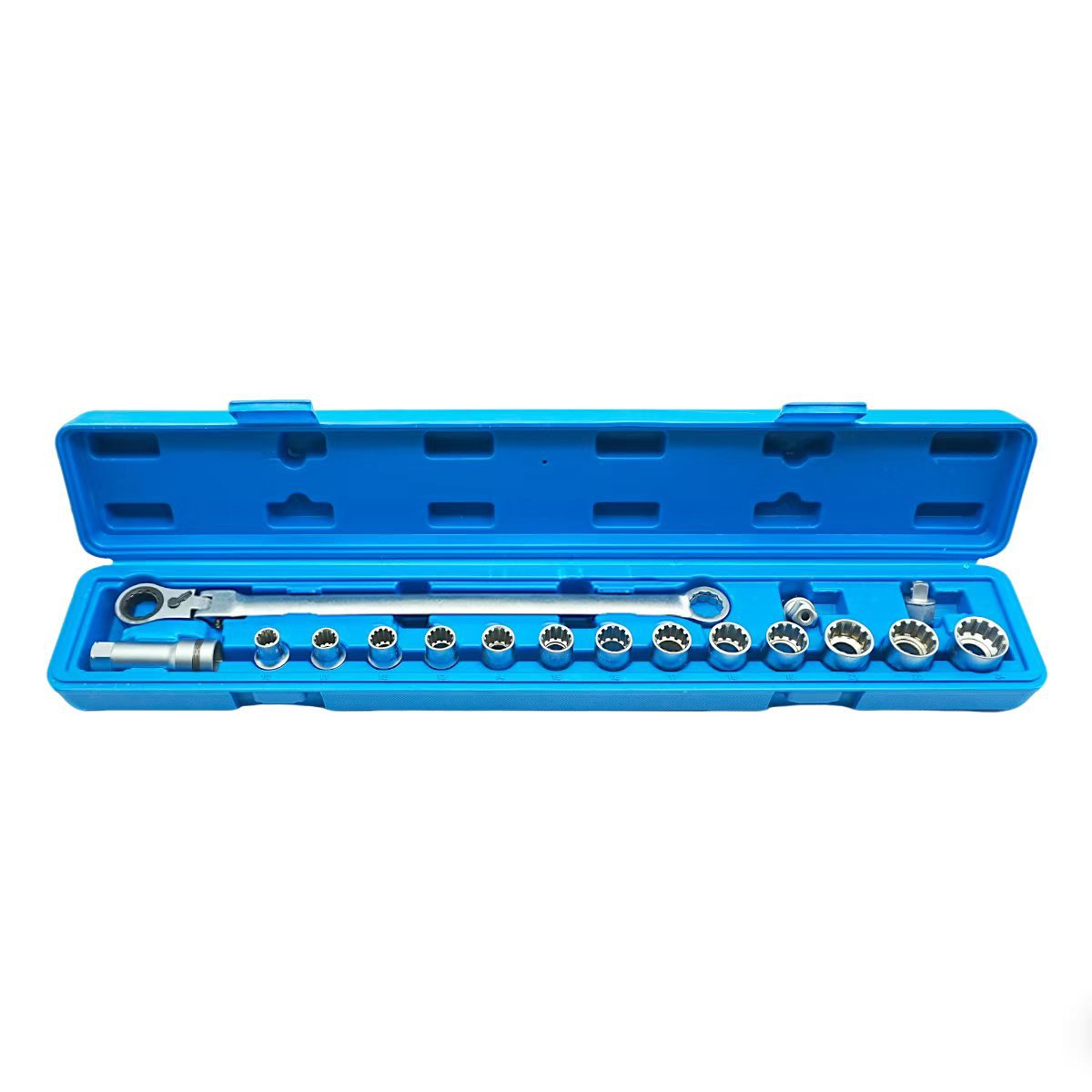 17-Piece Set of Multi-Functional Ratchet Sockets with Toothed Core Sockets, 12-Point Perforated Socket Removal Tool