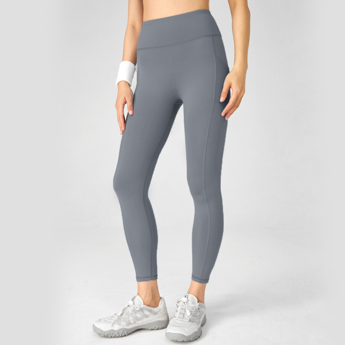 Transfronterizo cintura alta caderas de malla de bolsillo lateral pantalones deportivos elásticos pantalones de yoga para correr pantalones de fitness