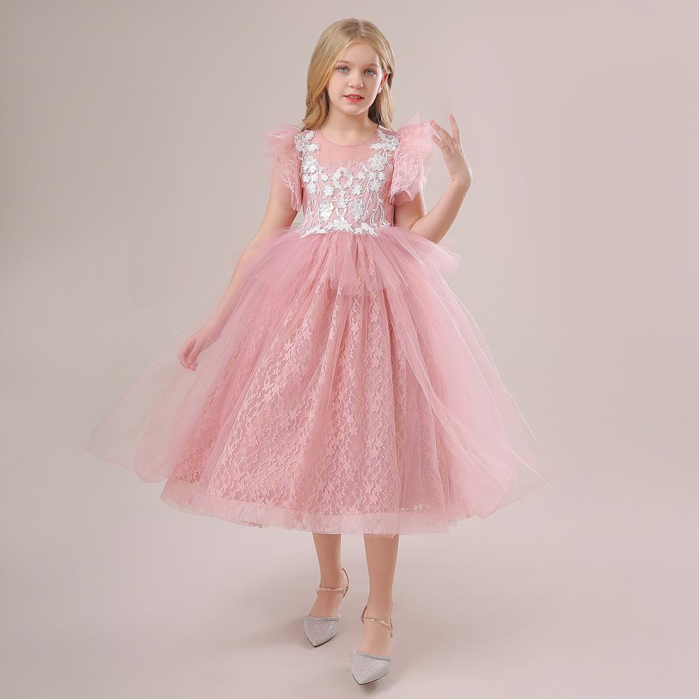 Nuevo vestido para niños Vestido de princesa Vestido de boda de malla para niños medio y grande Vestido largo pettiskirt pequeño vestido de manga voladora