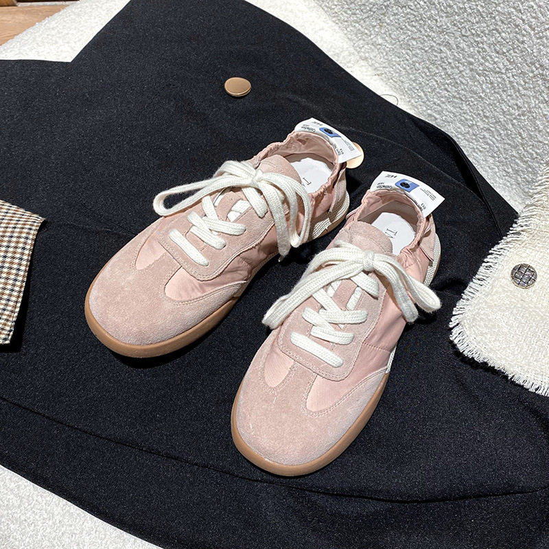 Giày sneaker nữ da thật phối lưới kiểu ballet, đế cao su chống trượt, dây buộc — Màu hồng, Màu mơ, Màu vàng