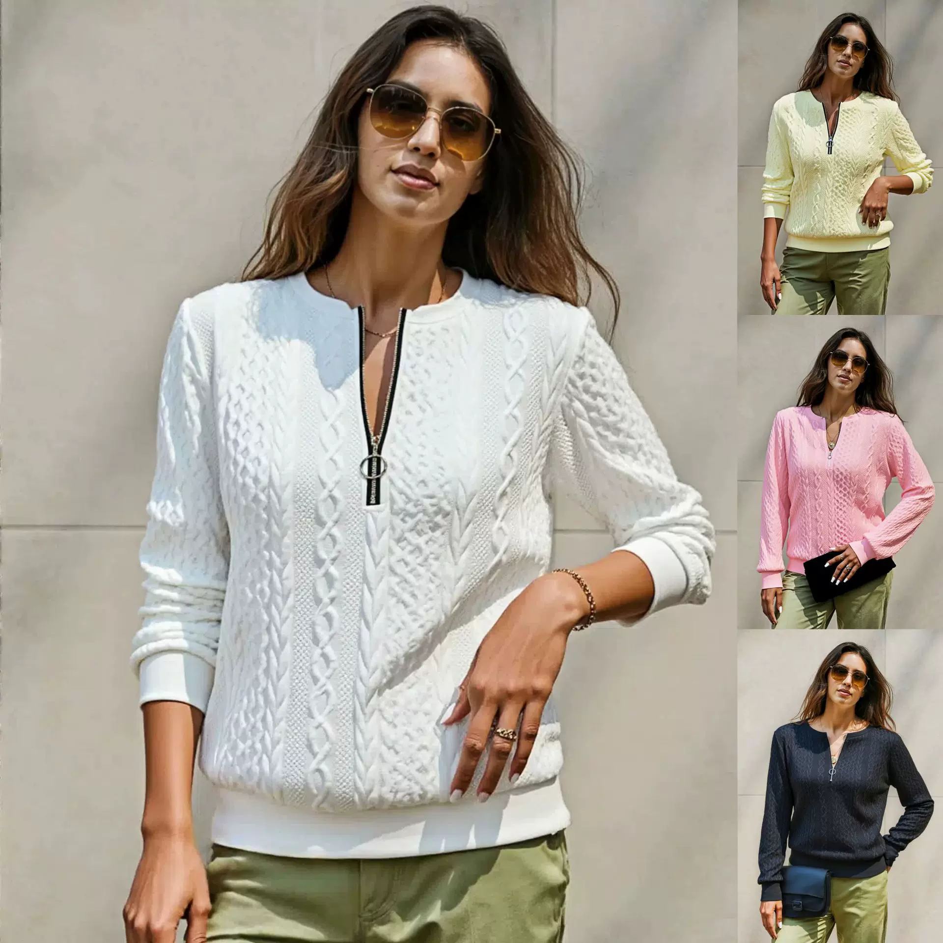 秋冬季欧美亚马逊跨境外贸爆款女装长袖圆领纯色外套卫衣上衣女