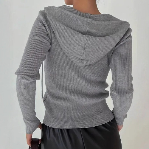 2026 spring cross-border European and American women's pure color elegant figure-flattering hooded zipper outer fashionable casual women's top