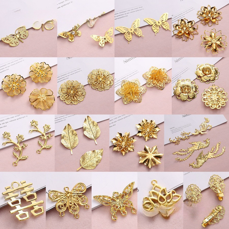 古风头饰吊片立体连接宫花铁龙凤蝴蝶花片手工金属发簪材料代发批