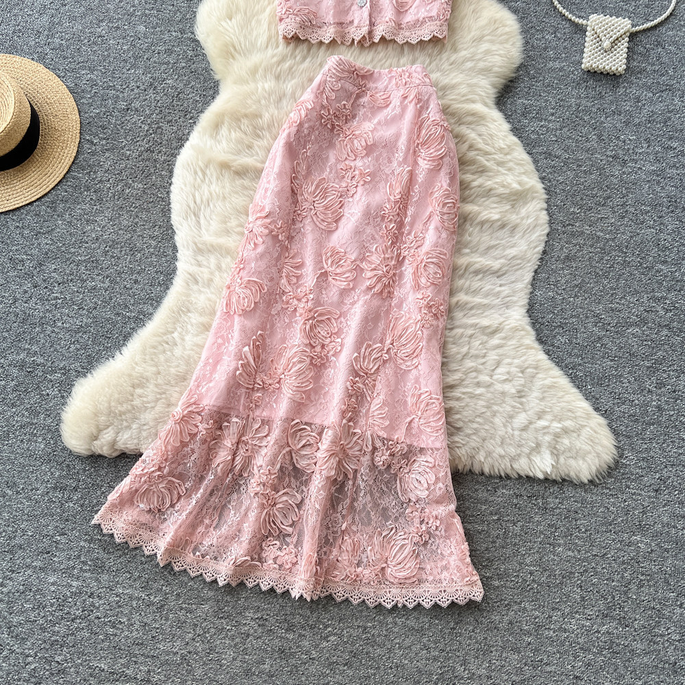 French Style Lace Patchwork Top And Skirt Set for Women Sexy Slimming Temperament Two-Piece Summer Outfit_ecoleips.com