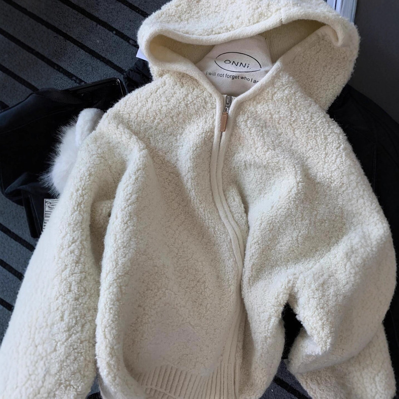 2025 Winter High-End Beige Lamb Wool Hooded Zipper Knit Cardigan for Women, Lazy Soft Warm Sweater