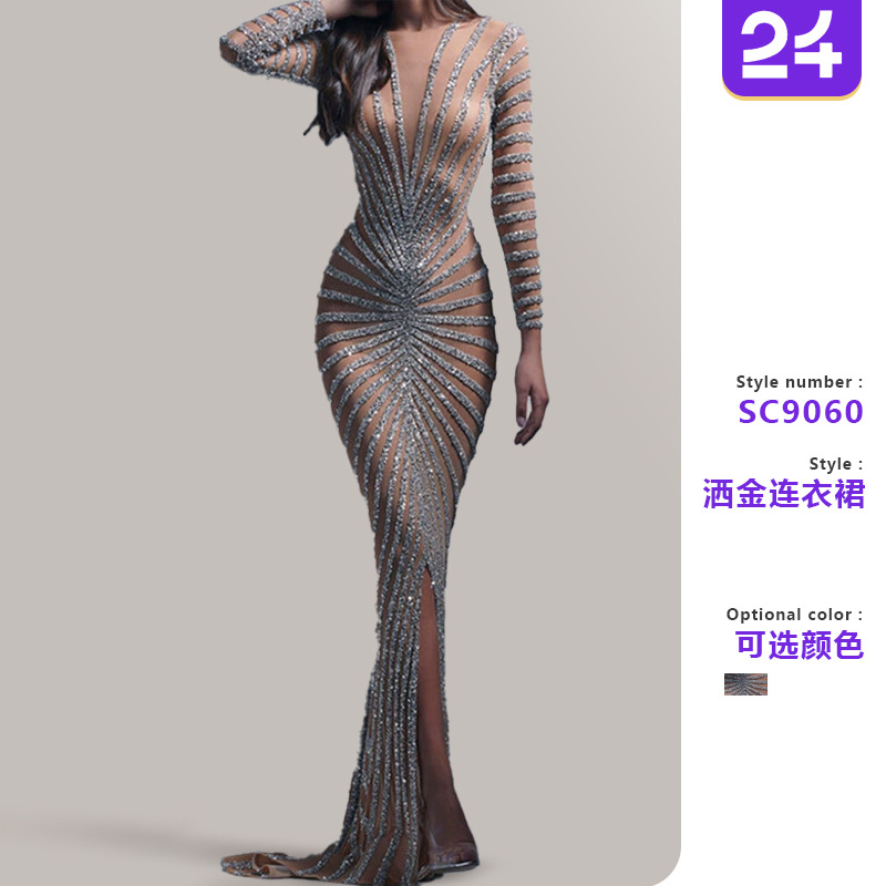 2025年跨境春季新款欧美时尚烫钻女装网纱透视长袖开叉长裙连衣裙