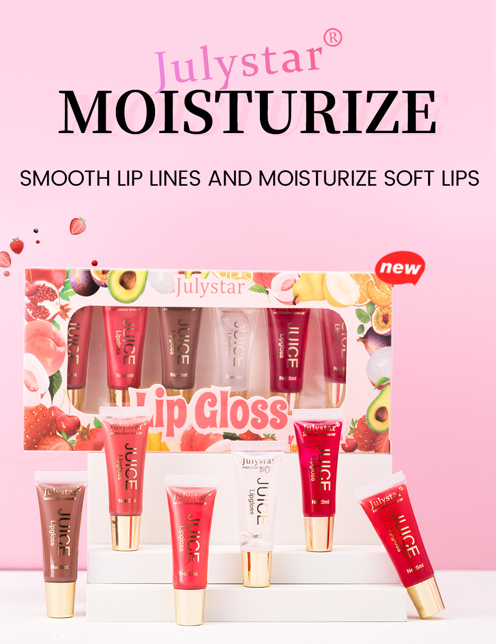 Julystar's best-selling Hydrating Lip Gloss with fruity flavor, long-lasting moisturizing and hydrating soft tube lip gloss set Specification drawing