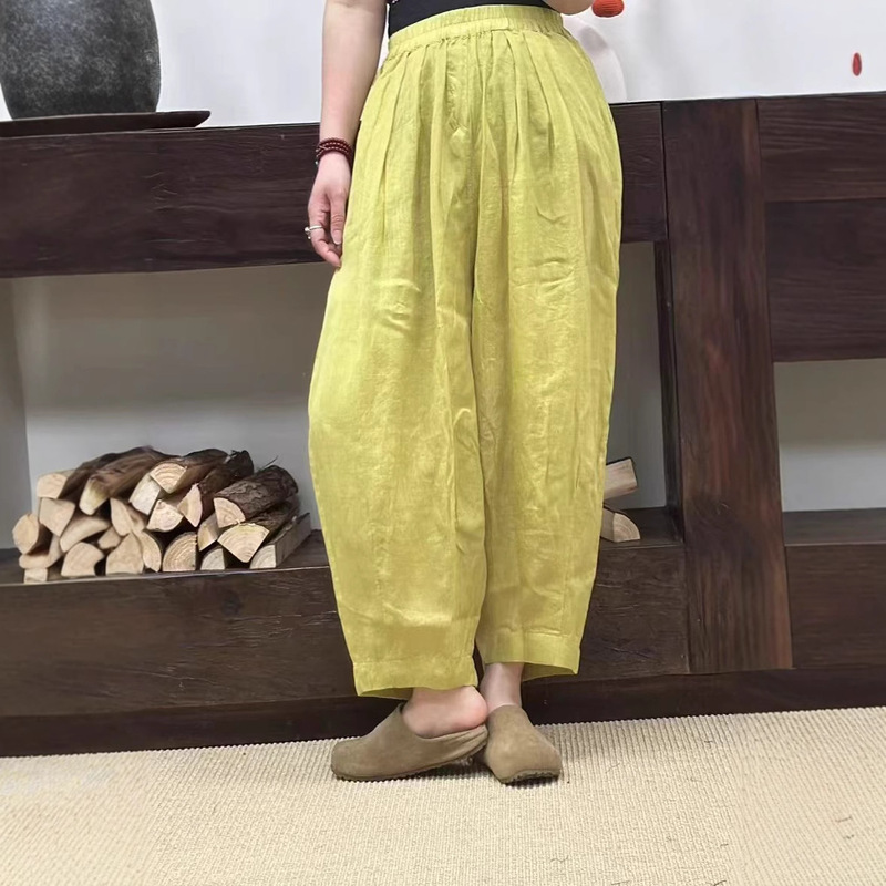 Pure Ramie Balloon Pants Loose plus size Artistic Leisure Elastomy Waist Drawstring Nipped 9-point Radish Pants Hallen Pants for Women