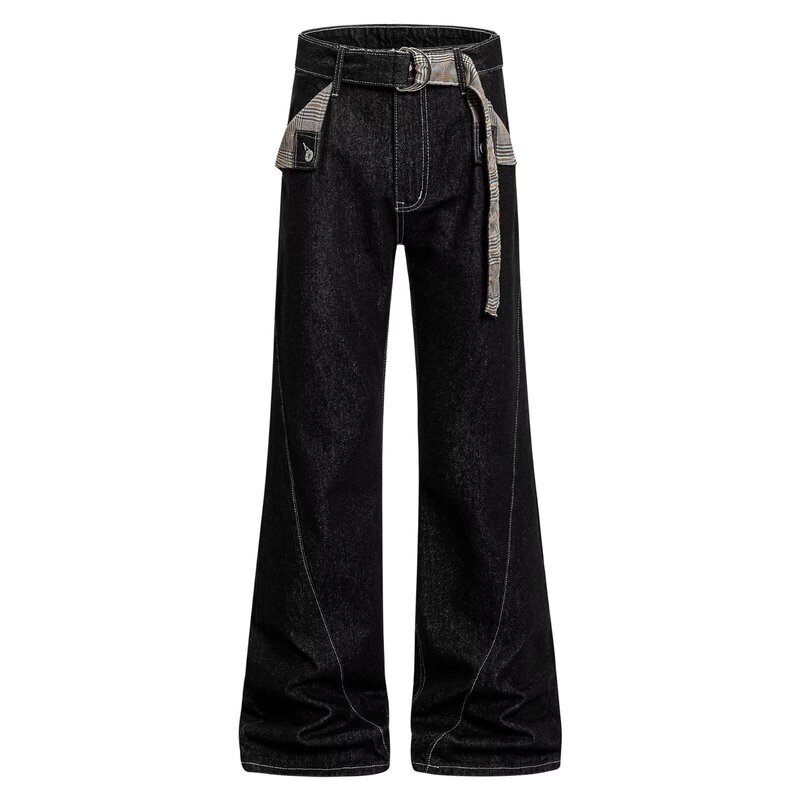 Detachable Belt Flared Jeans for Men and Women, Cleanfit Commuter Style, American-Style Raw Denim Black Straight-Leg Slimming Long Pants Detachable Belt Flared Jeans for Men and Women, Cleanfit Commuter Style, American-Style Raw Denim Black Straight-Leg Slimming Long Pants