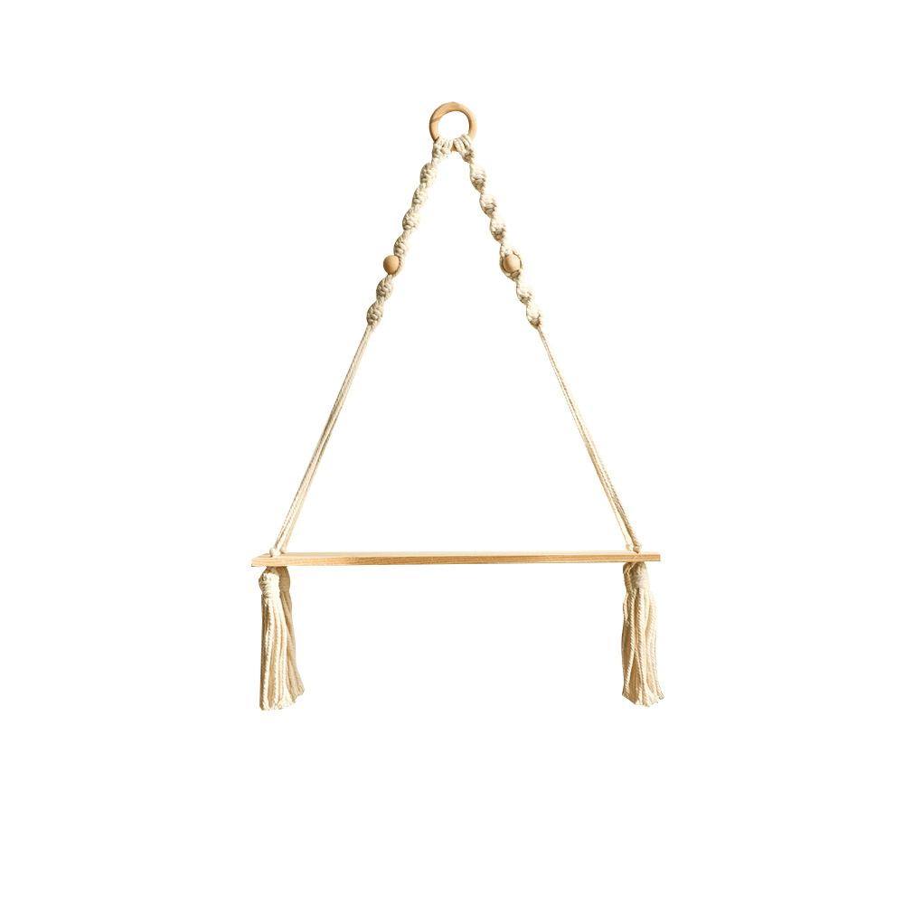 Soporte para macetas de madera con borlas tejidas a mano estilo bohemio, decoración simple para pared de sala de estar u hogar.