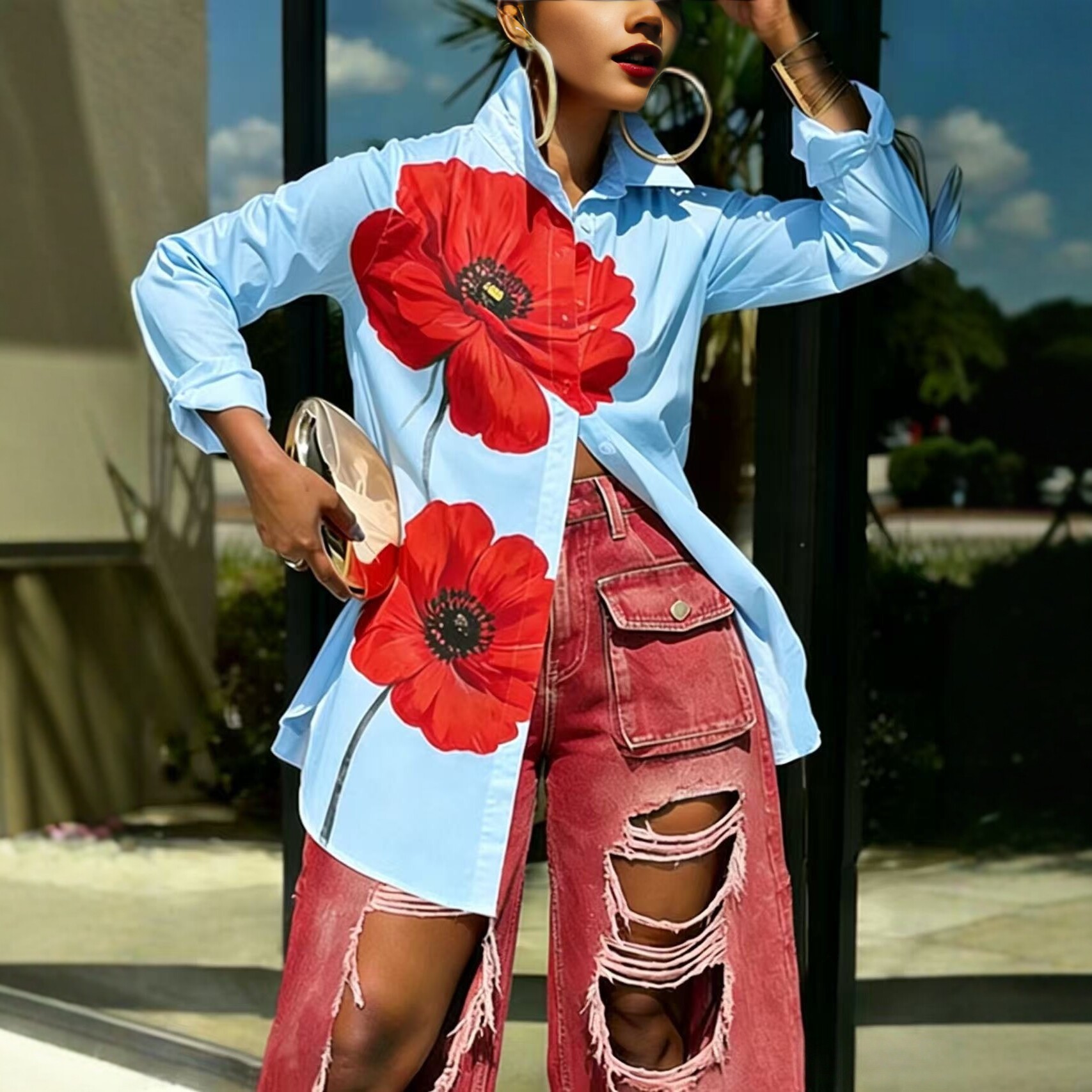 Women's Clothing Spring/Summer Women's Large Red Floral Print Collared Shirt Long Sleeve Loose Fit Mid Length Style Top_ecoleips.com