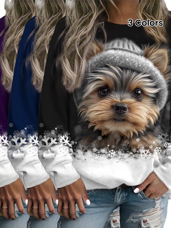 Women's Christmas Round Neck Long Sleeve Raglan Digital Printed Sweatshirt, Casual Polyester Super Stretch Knit, Genuine