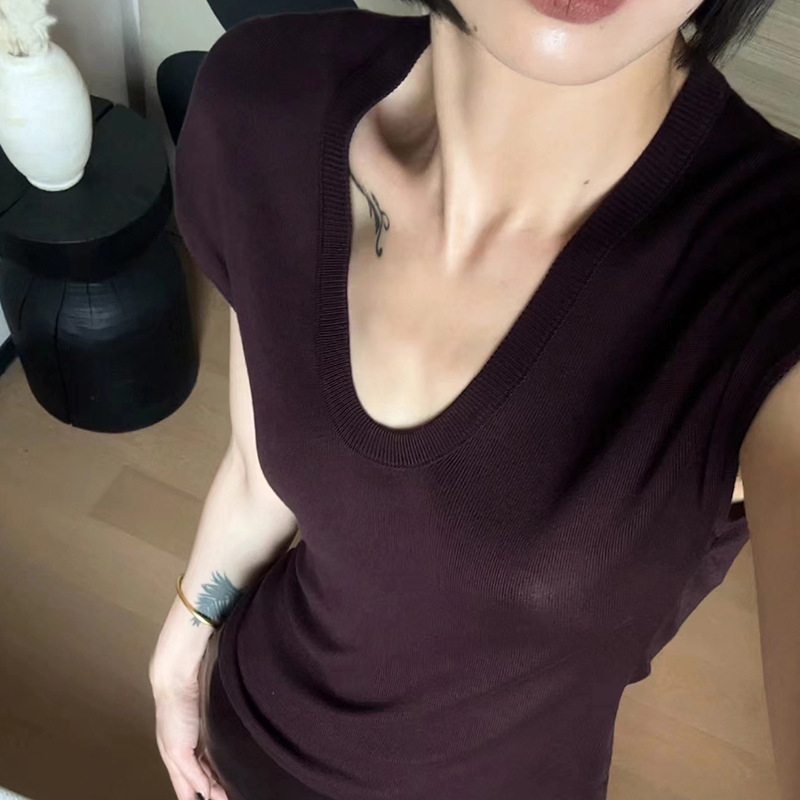 Free Shipping Cool High Texture Tencel French Shoulder Waisted Slim-fit T-shirt Top Women's Pullover Summer Sweater