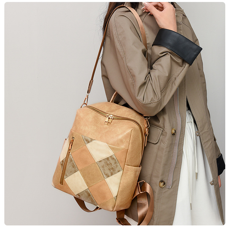 Women's Retro Backpack Pu Leather Diamond Grid Travel Rucksack_voghion.com