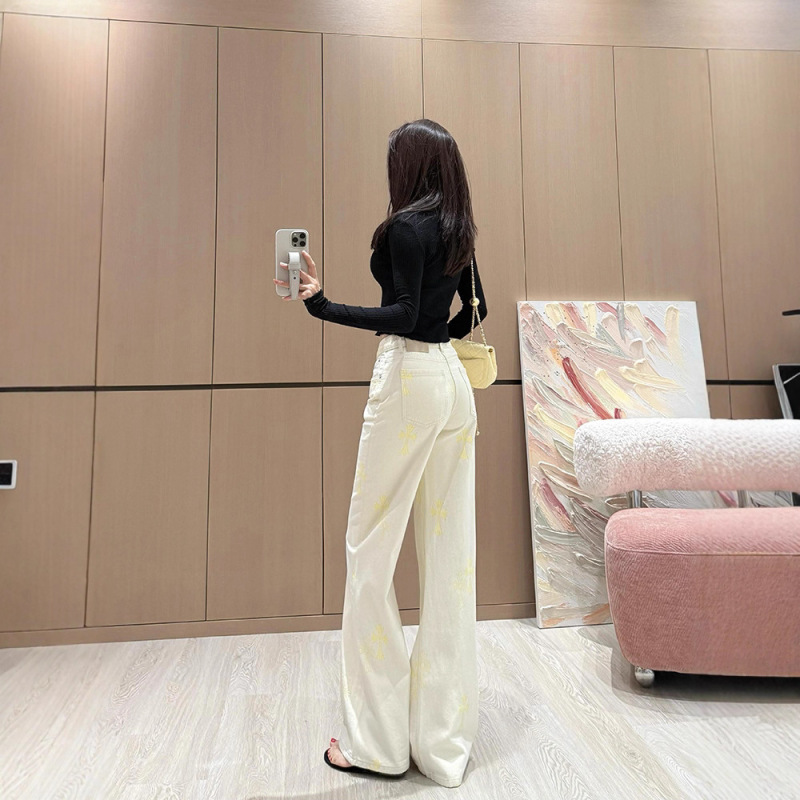美式十字架提花刺绣高腰直筒牛仔裤女2025新款高级感窄版阔腿长裤|undefined