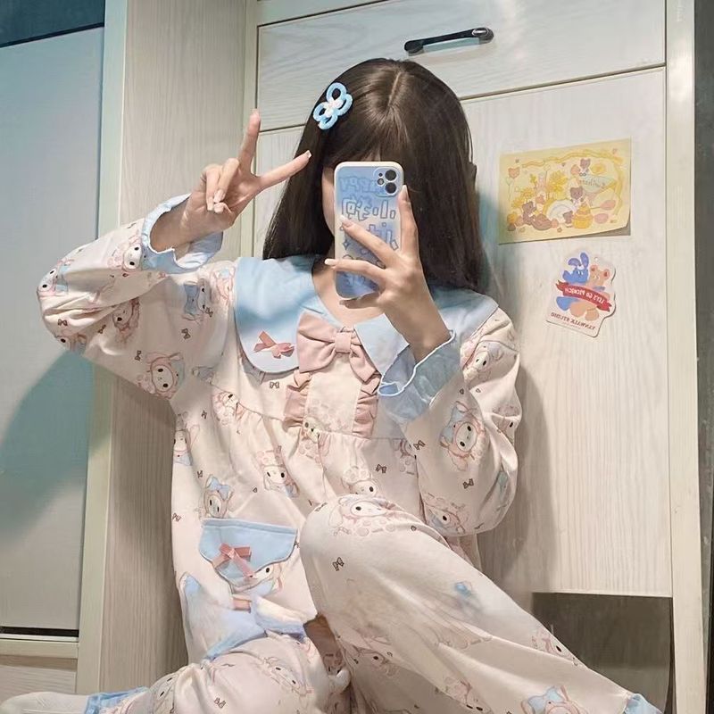 インス風甘いチェック柄笑顔小花パジャマ女性用春秋新作シンプルウェアラブル長袖日本製ホーム服|undefined