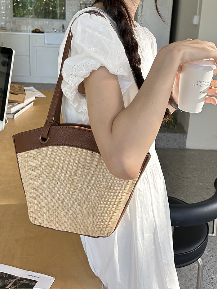 Cross-Border Straw Woven Bag For Women - Vacation Beach Casual Versatile French Retro Market Basket Shoulder Bag Fashion Woven Handbag - Thumbnail 7