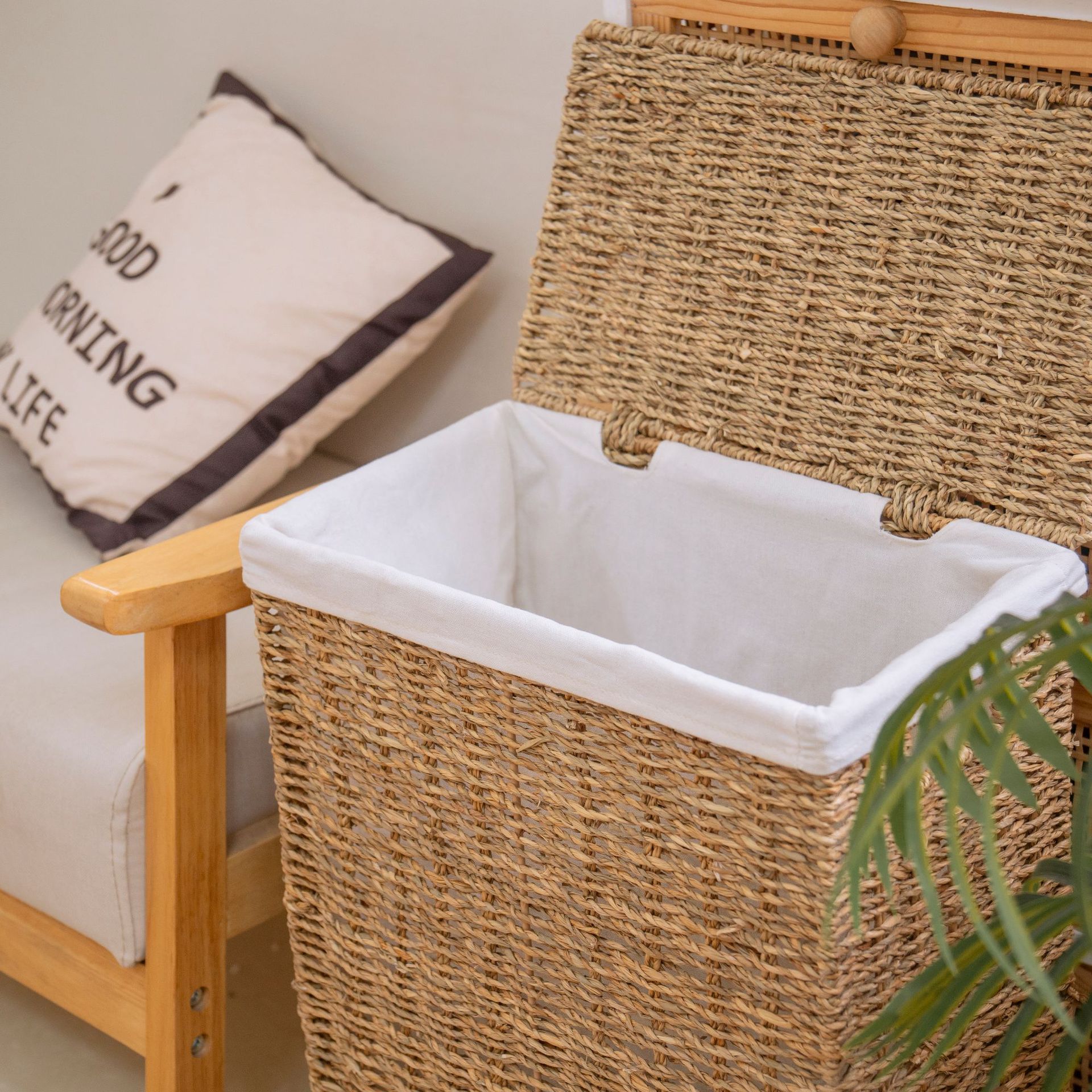 Transfronteriza personalizada cesto de lavandería trenzado de algas marinas dormitorio caja de almacenamiento de ropa sucia con cubierta de almacenamiento de juguetes cesto de almacenamiento