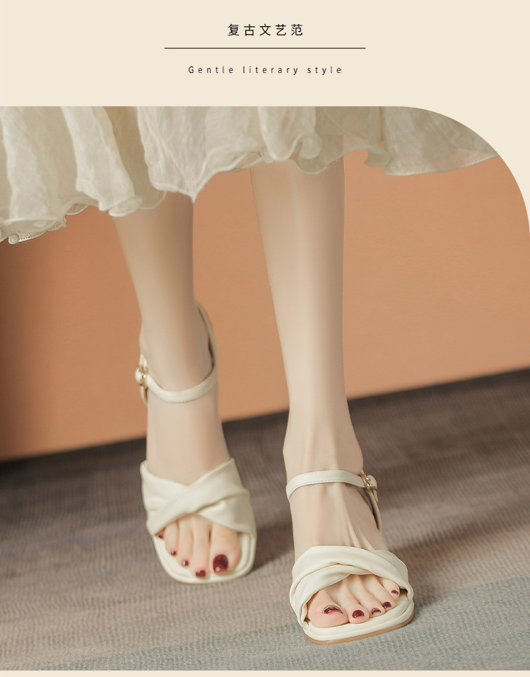 Sandal cao gót nữ quai ngang mũi vuông gót vuông kiểu Pháp — BL376 màu be chi tiết 12