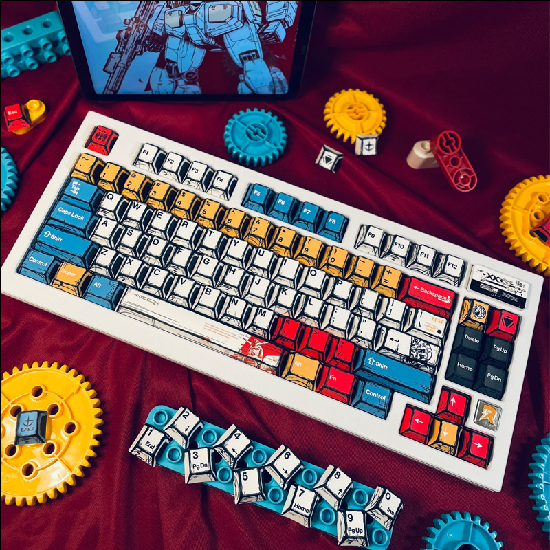 Comic-style Gundam mixed light five-sided sublimation keycaps, original height, 136-key PBT mechanical keyboard set
