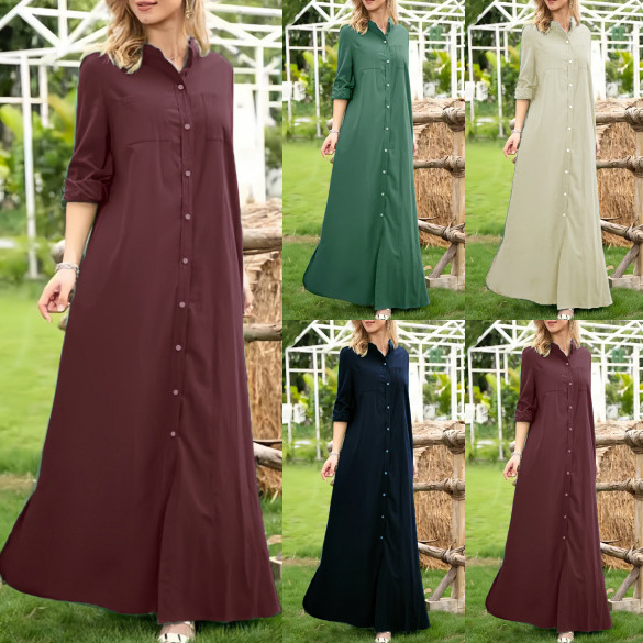 2026 Spring New Amazon Cross-Border Cotton and Linen Women's Solid Color Loose Casual Long-Sleeve Long Button Dress