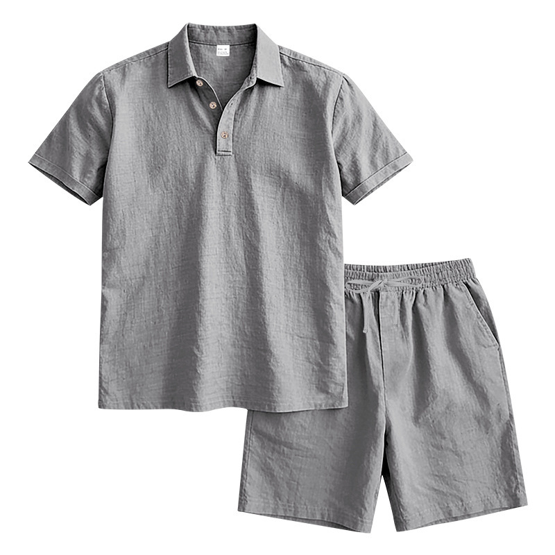 Ensemble polo et short de plage décontractés en lin, style américain, pour homme, idéal pour l'été, les vacances et les trajets quotidiens. Grandes tailles disponibles. Coupe ample. Polo à revers simple et coupe simple._voghion.com