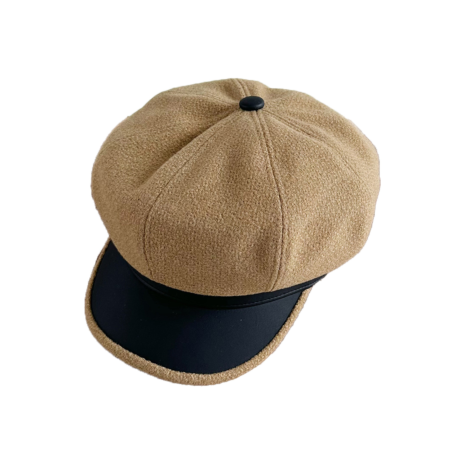 Chapeau octogonal unisexe en cuir PU épissé en laine pour femme, couleur unie, automne-hiver, vintage, chapeau d'artiste, chapeau chaud d'hiver_voghion.com