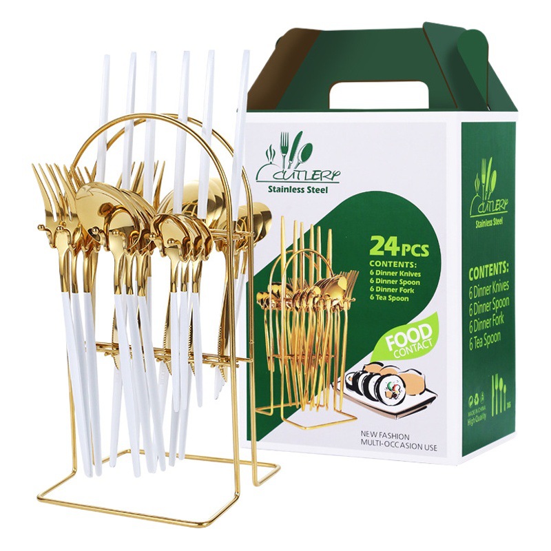 Cuchillo de filete occidental transfronterizo, tenedor y cuchara Amazon Portugal vajilla de acero inoxidable 24 piezas de almacenamiento en rack caja de regalo traje