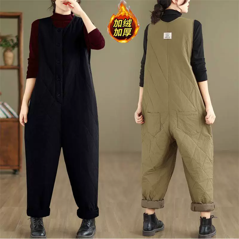 Стеганые брюки на подтяжках с ромбами для круглых девочек, женские модные однотонные гарем, повседневный комбинезон, зимний комбинезон, повседневные брюки с принтом