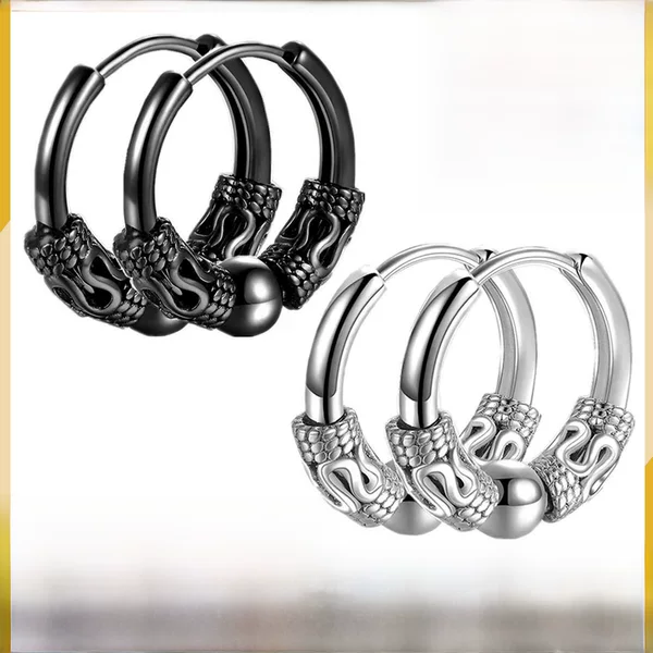 Fashionable Korean version of stainless steel dragon pattern National Wind totem earrings domineering personality earbuckle men DIY round line earrings wholesale