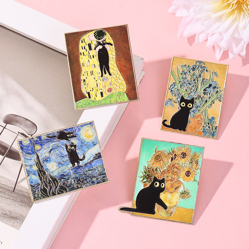 Cross-border new Van Gogh oil painting Black Cat series badge world…