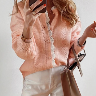 Spring and Autumn Women's Casual Tops Elegant Pink Cardigan Soft Knitted Long Sleeve V-Neck Button Front Sweater for Women