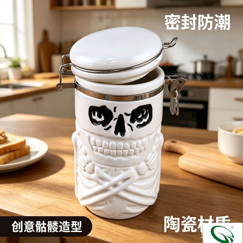 Cross-Border European Halloween 3D Relief Ceramic Sealed Jar Black Large Biscuit Jar Cartoon Skull Storage Jar