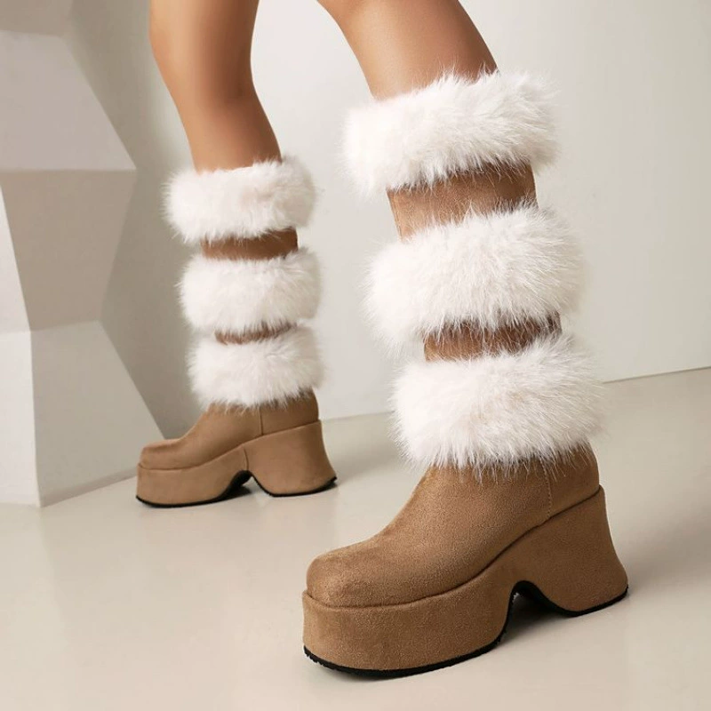 Зимние кожаные сапоги, высокие туфли, толстые подошвы, высокие каблуки, снежные сапоги, ватные сапоги, толстые бархатные сапоги