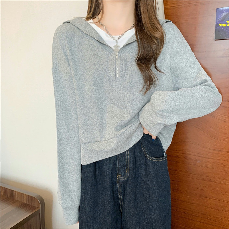 New Fake Two-Piece Navy Collar Short Long-Sleeved Sweatshirt for Women Spring & Fall Loose and Versatile Thin Casual Top Jacket Trendy
