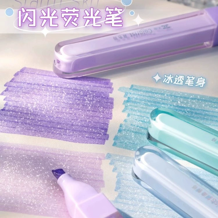 Fluorescent Highlighter Pen Set, pastel glitter ink, multi-color note markers (3‑pack options)