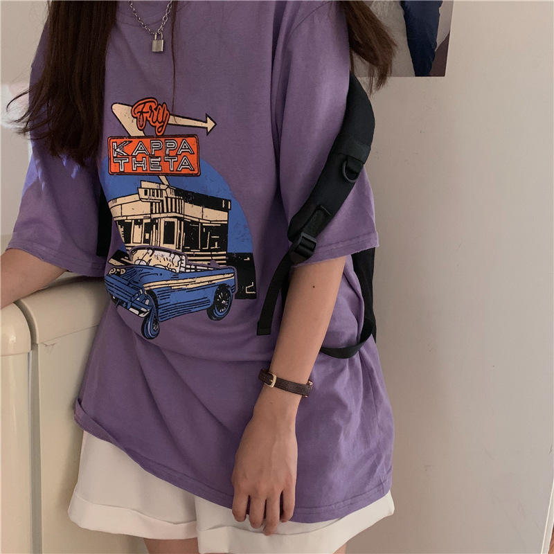 Dam t-shirt med cartoon tryck lös passform sommar topp_voghion.com