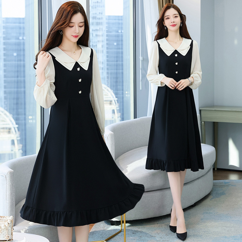 现货大码女装胖茶歇法式字长裙早秋新款遮肚显瘦假两件连衣裙