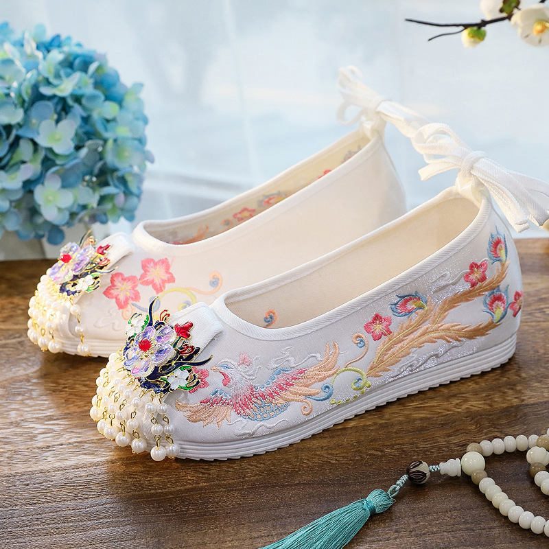 高跟汉服鞋子女古风新款复古绣花鞋汉元素内增高翘头明制古装弓鞋