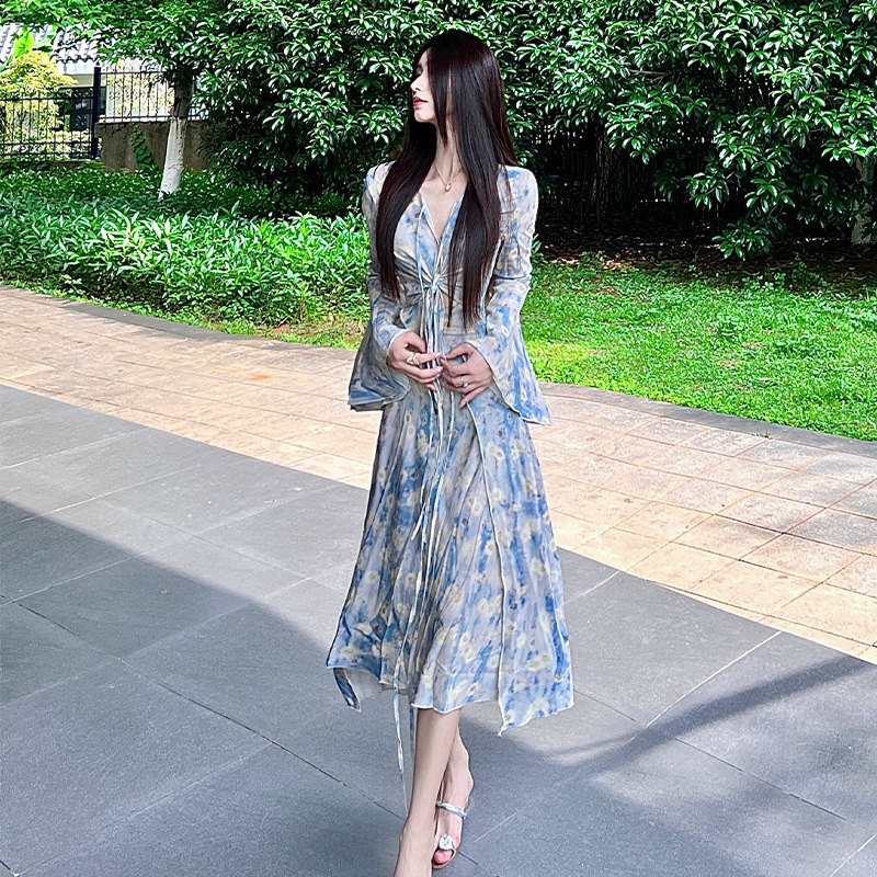 Xinlei Special Clearance Private Printed Blue Floral Dress Long Skirt Women's Seaside Vacation Suspender Skirt Not Recommended