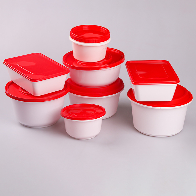 Disposable white background and red lid fast food box plastic square…