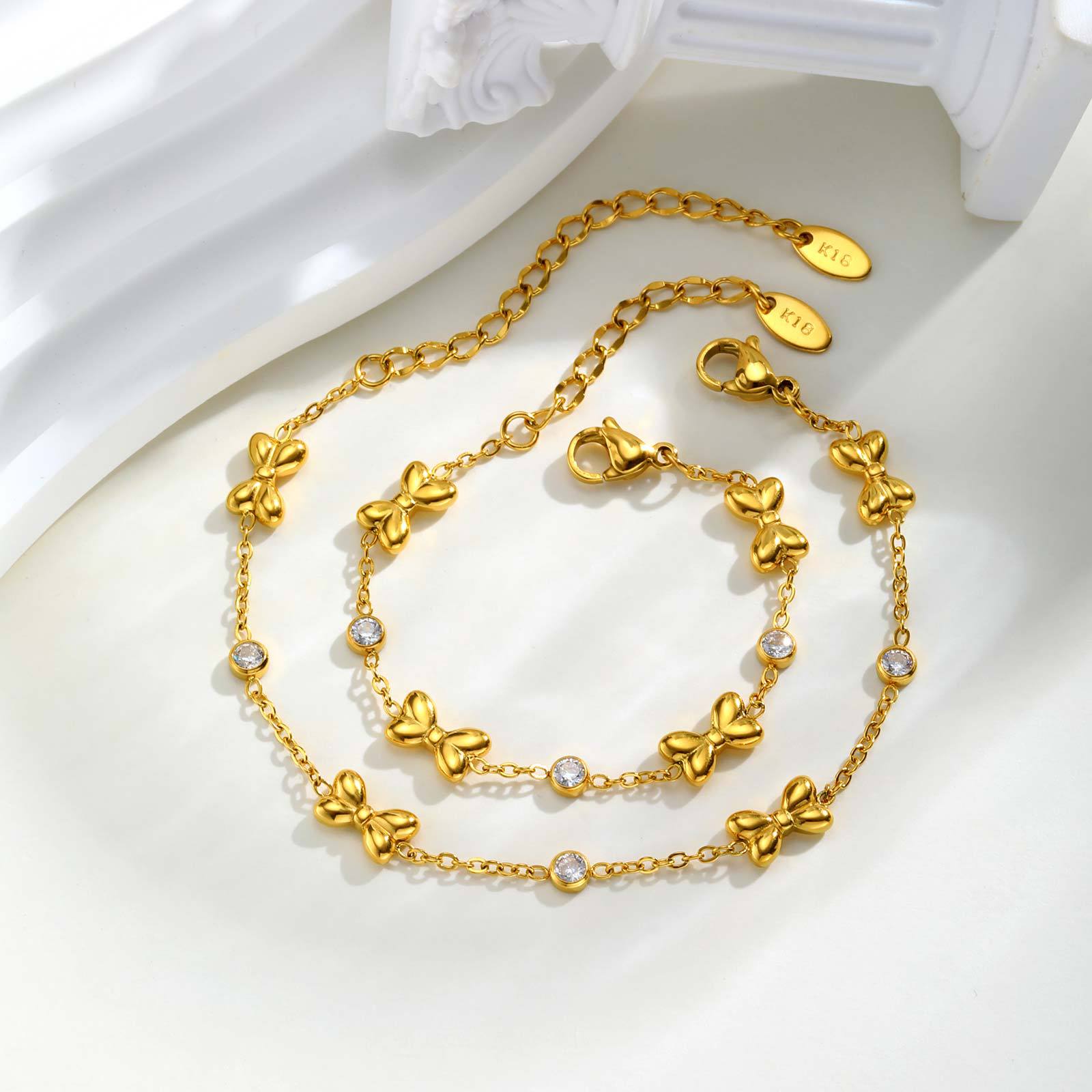 Cute Fashion Stainless Steel Cross Chain Bow Zircon Kids' Golden Bracelet