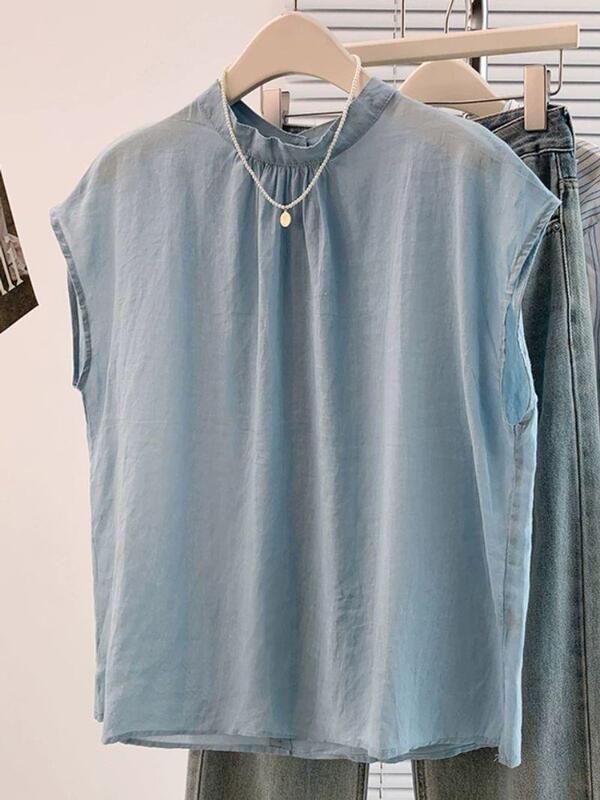 Blue Cotton and Linen Sleeveless Shirt for Women, Summer Thin Style, Elegant Casual Small Stand-Up Collar Blouse, Age-Reducing and Slimming Top
