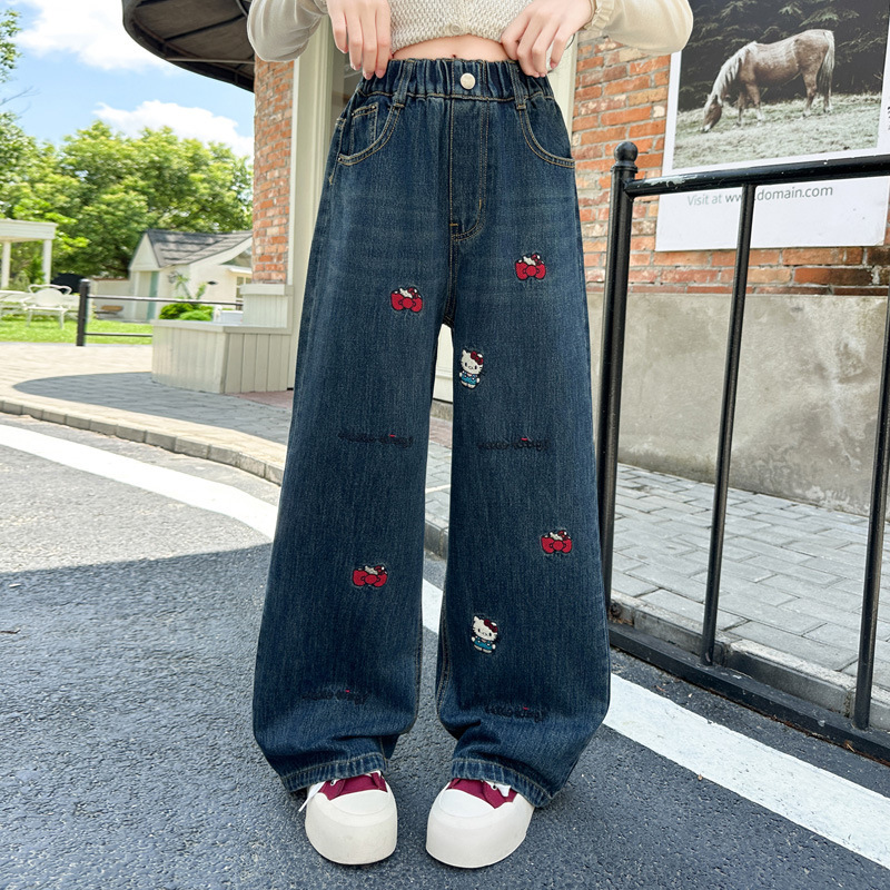 女童牛仔裤2025秋季新款复古绣花阔腿裤中大童女孩春秋弯刀休闲裤|undefined