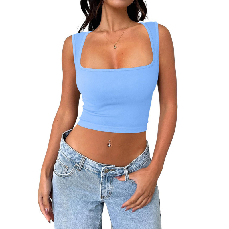 여성을 위한 섹시한 이음매 없는 깊은 사각형 목 슬리브리스 배꼽 노출 탑 패션 조끼 탄력 있는 배꼽 노출 타이트 요가 탑