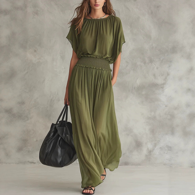 2026 New Summer European and American Cross-Border Foreign Trade Independent Station Draped Waist-Cinching Elegant and Exquisite Long Dress 2026 New Summer European and American Cross-Border Foreign Trade Independent Station Draped Waist-Cinching Elegant and Exquisite Long Dress