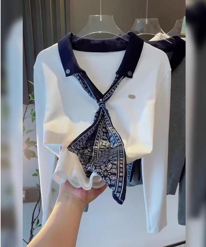 撞色翻领长袖T恤2025年秋季女装新款印花丝巾系带设计感绝美上衣|undefined